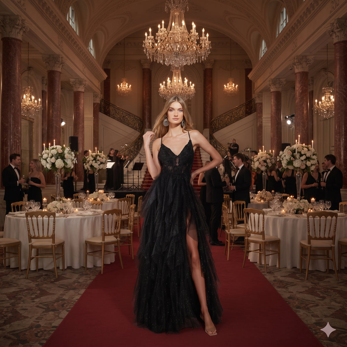 Robe de soirée longue à fines bretelles et décolleté en V avec jupe en tulle scintillant à volants et fente haute sur la jambe