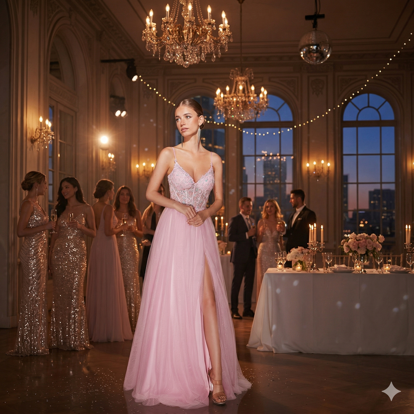 Jeune femme portant la robe de bal bleu ciel style 9829 Aerie Couture, bustier en dentelle et jupe en tulle, posant sur une terrasse de château au coucher du soleil.