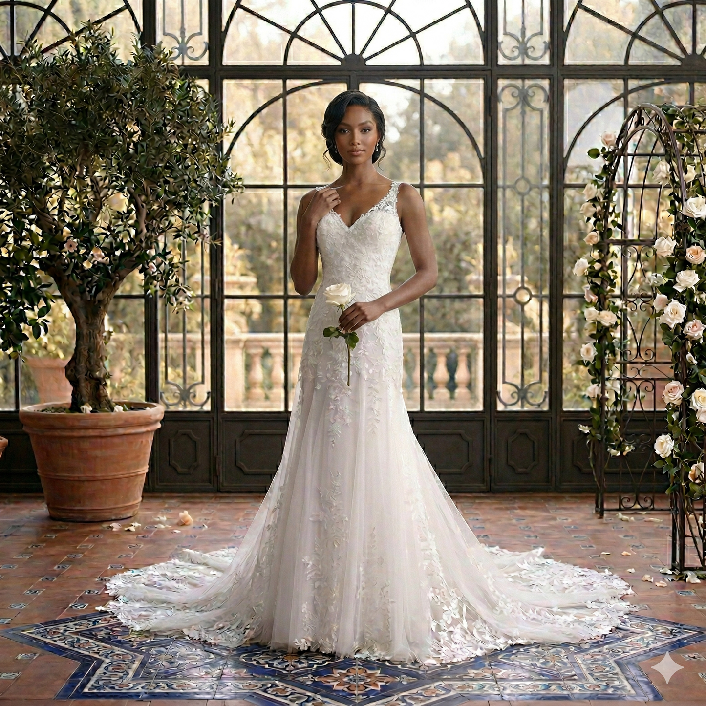 Mannequin portant une robe de mariée de style princesse en tulle blanc avec bustier en dentelle florale dans une verrière lumineuse.