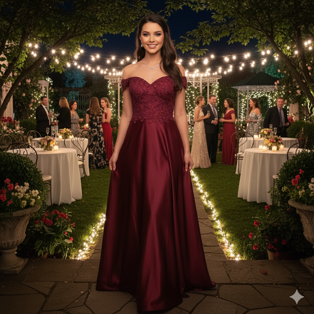 Femme portant une robe de gala bordeaux élégante pour un mariage en extérieur, style romantique et chic.