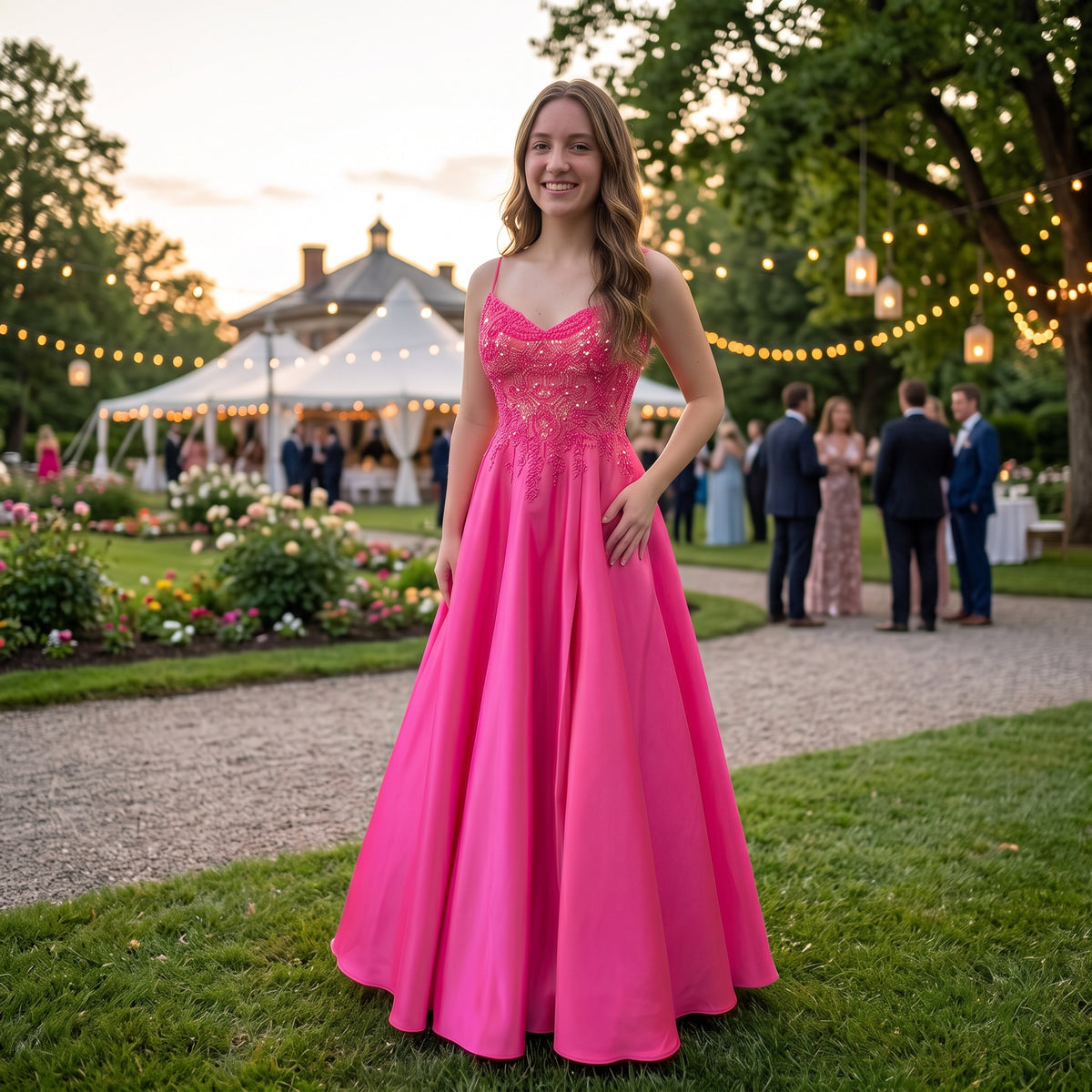 Robe de bal longue évasée avec bustier orné de perles et fines bretelles