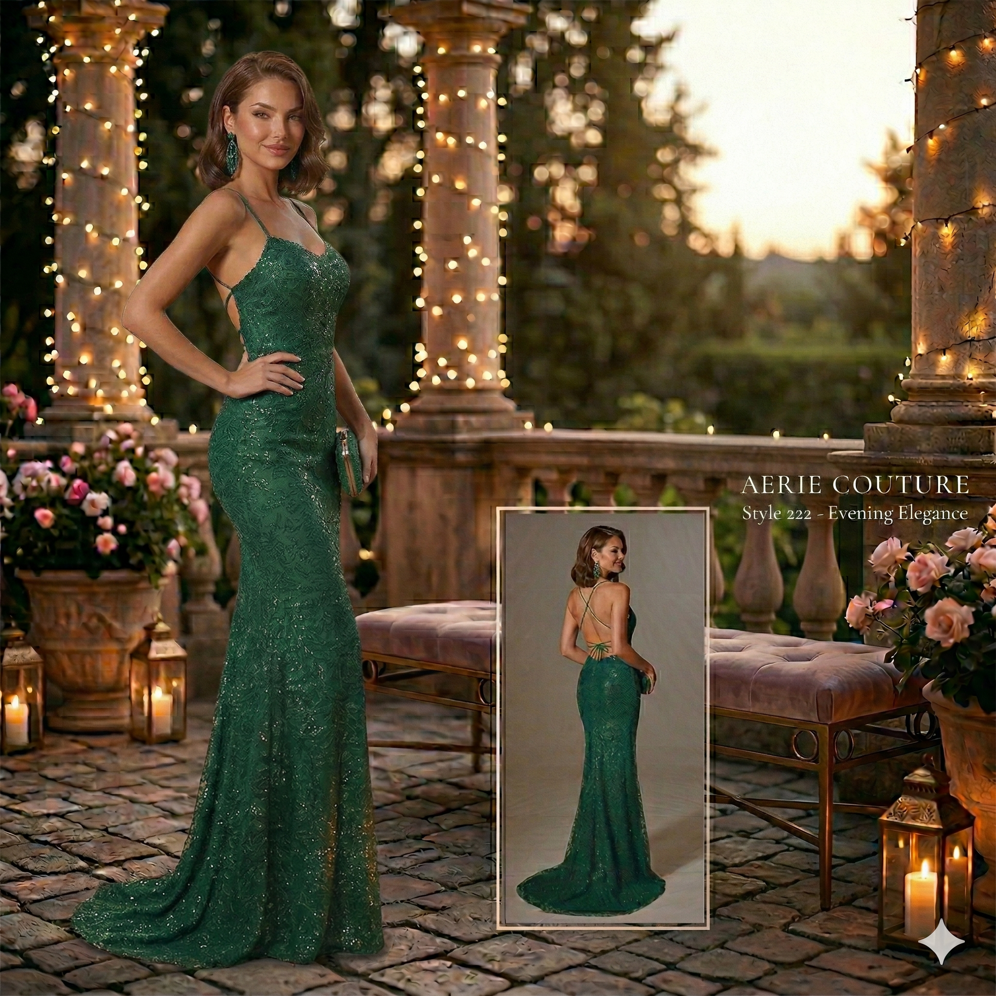 Robe de soirée longue rouge à sequins Aerie Couture style 222, coupe fourreau avec dos nu croisé, présentée dans un décor de jardin romantique de nuit.