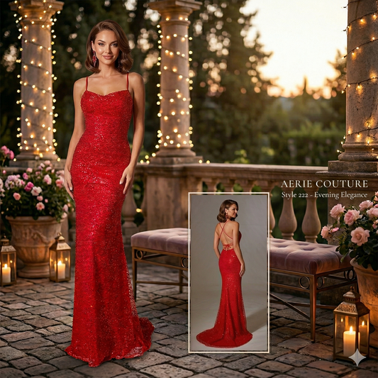 Robe de soirée longue rouge à sequins Aerie Couture style 222, coupe fourreau avec dos nu croisé, présentée dans un décor de jardin romantique de nuit.
