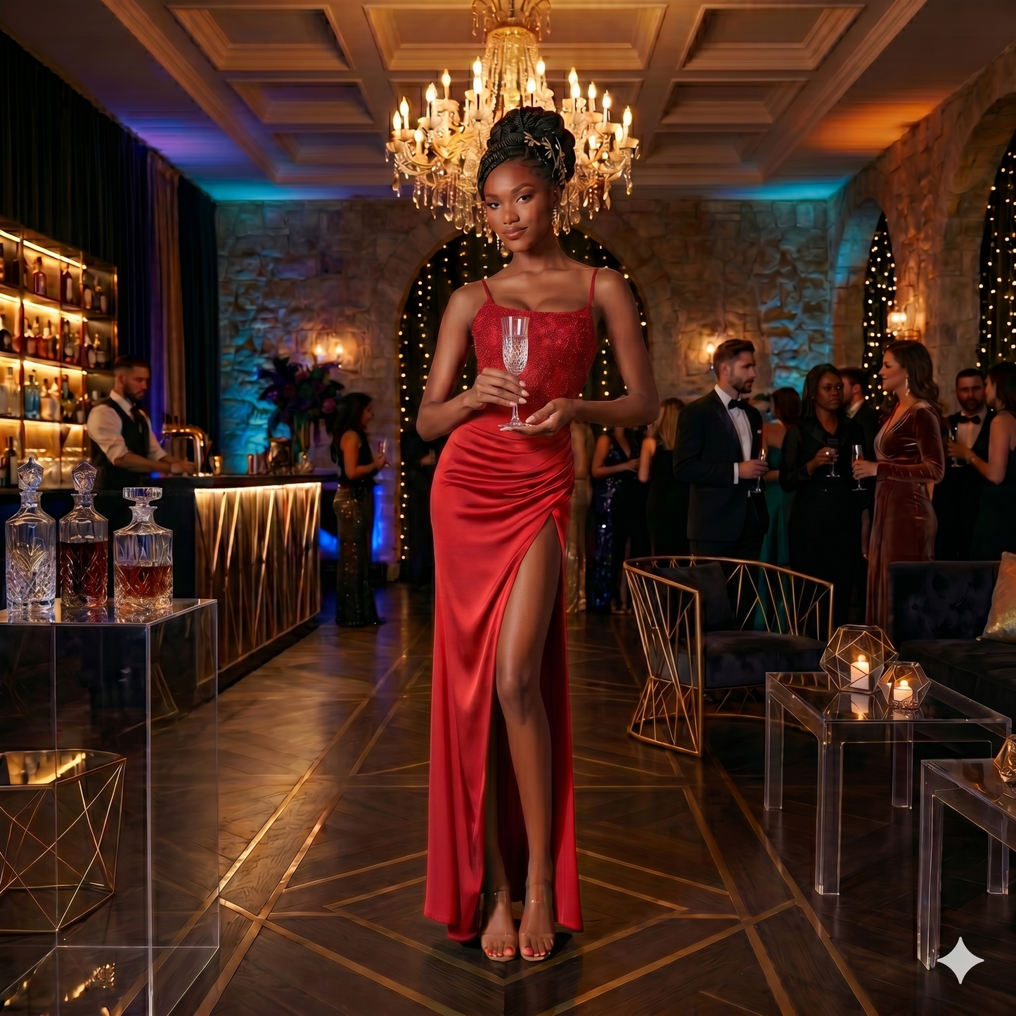Mannequin portant une robe de soirée longue avec bustier brodé, jupe satinée drapée et fente haute sur la jambe dans un décor de gala chic.