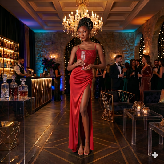 Mannequin portant une robe de soirée longue avec bustier brodé, jupe satinée drapée et fente haute sur la jambe dans un décor de gala chic.