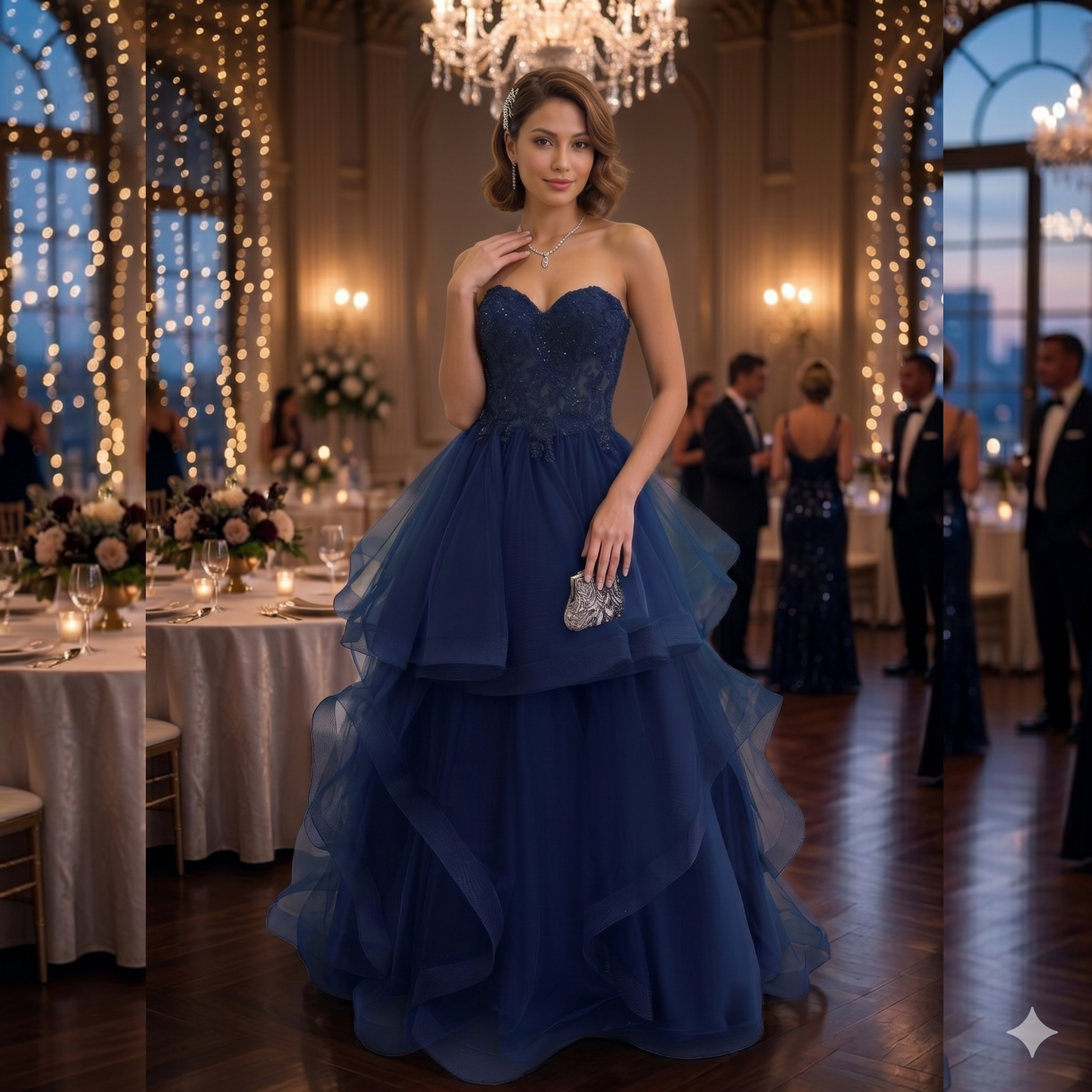 Robe de bal bleu nuit sans bretelles avec bustier brodé de perles et jupe volumineuse en tulle à volants étagés, présentée dans un décor de salle de réception élégante.