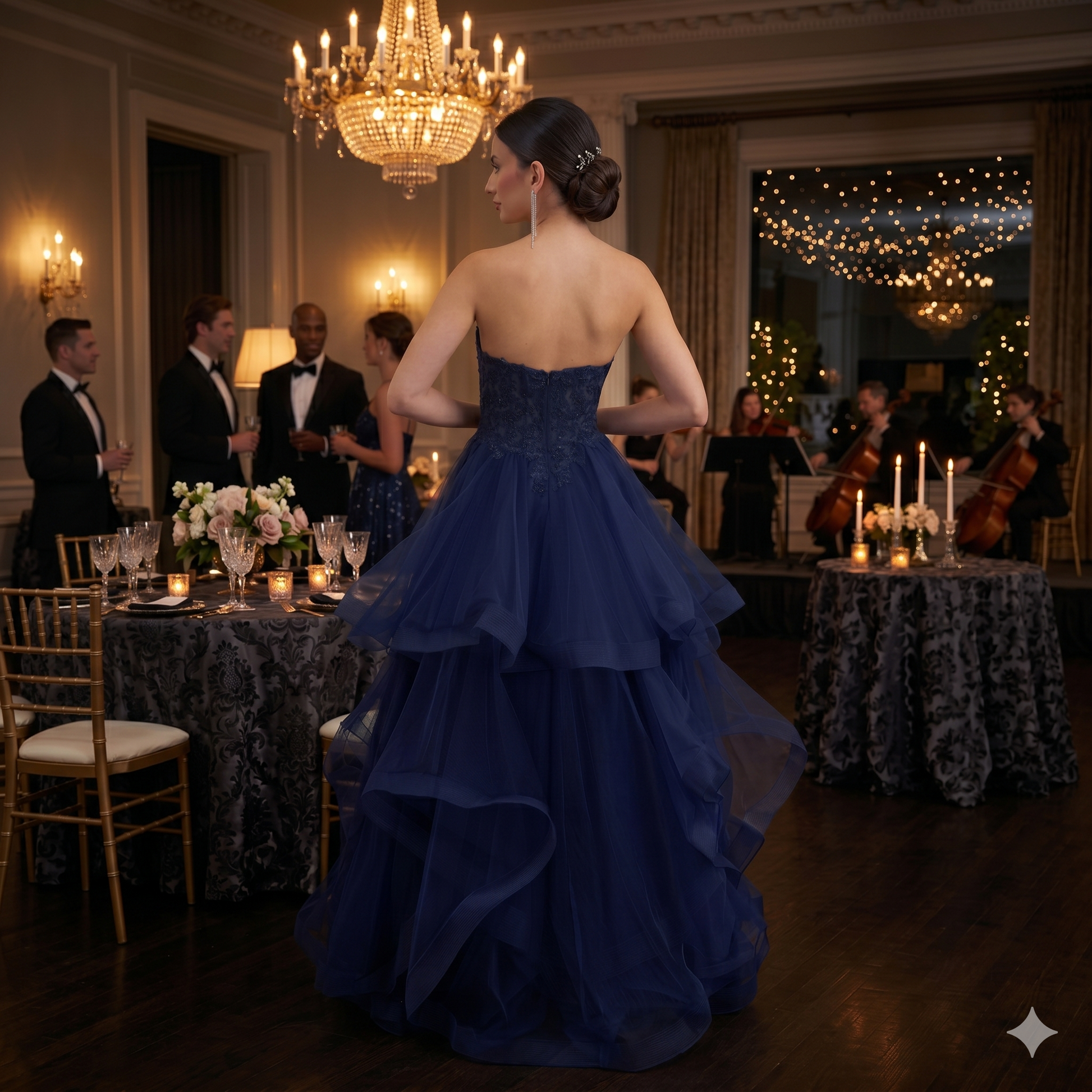 Robe de bal bleu nuit sans bretelles avec bustier brodé de perles et jupe volumineuse en tulle à volants étagés, présentée dans un décor de salle de réception élégante.