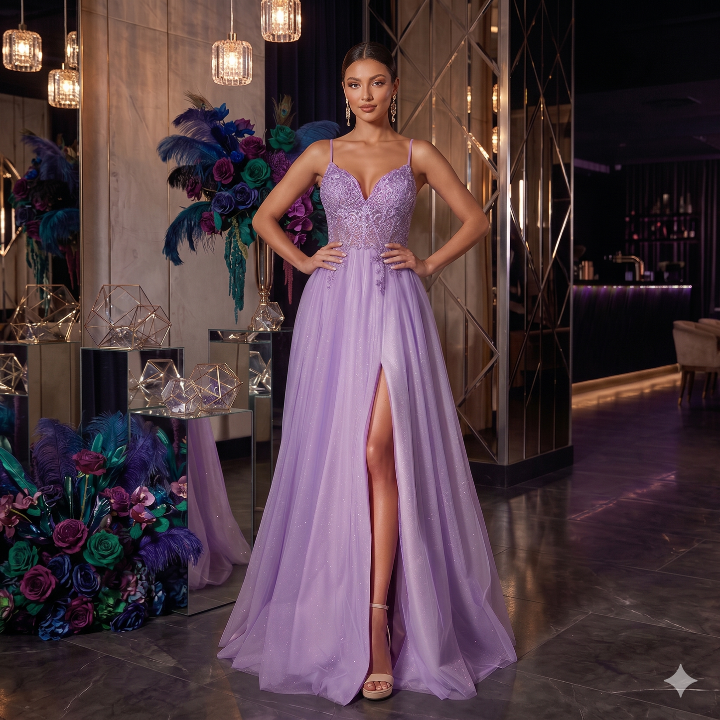 Robe de soirée lila, longue avec bustier en dentelle florale, fines bretelles, jupe en tulle scintillant et fente haute sur la jambe.