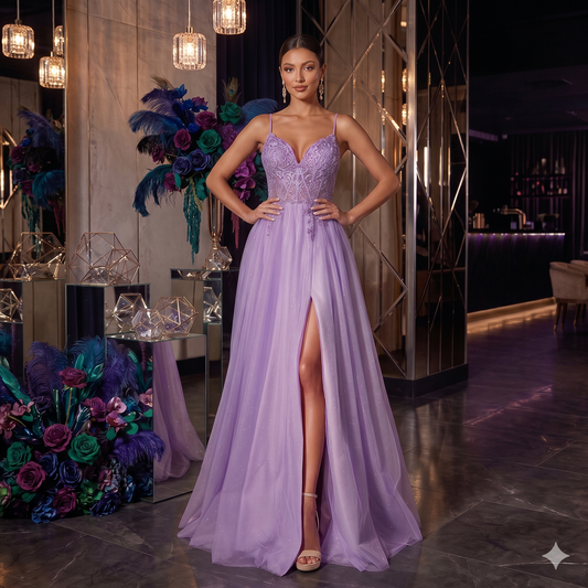 Robe de soirée lila, longue avec bustier en dentelle florale, fines bretelles, jupe en tulle scintillant et fente haute sur la jambe.
