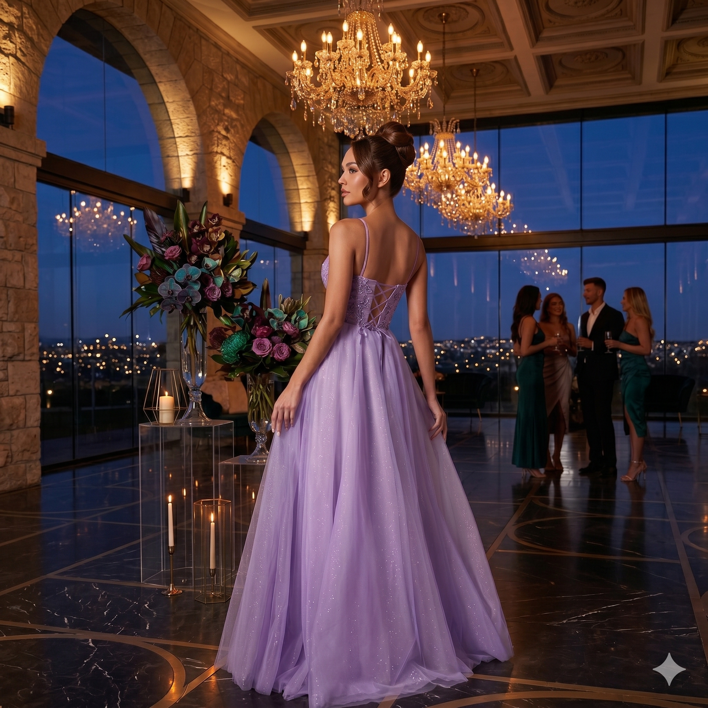 Vue arrière de la robe de soirée lila, montrant le laçage corset ajustable et la traîne fluide en tulle vaporeux.