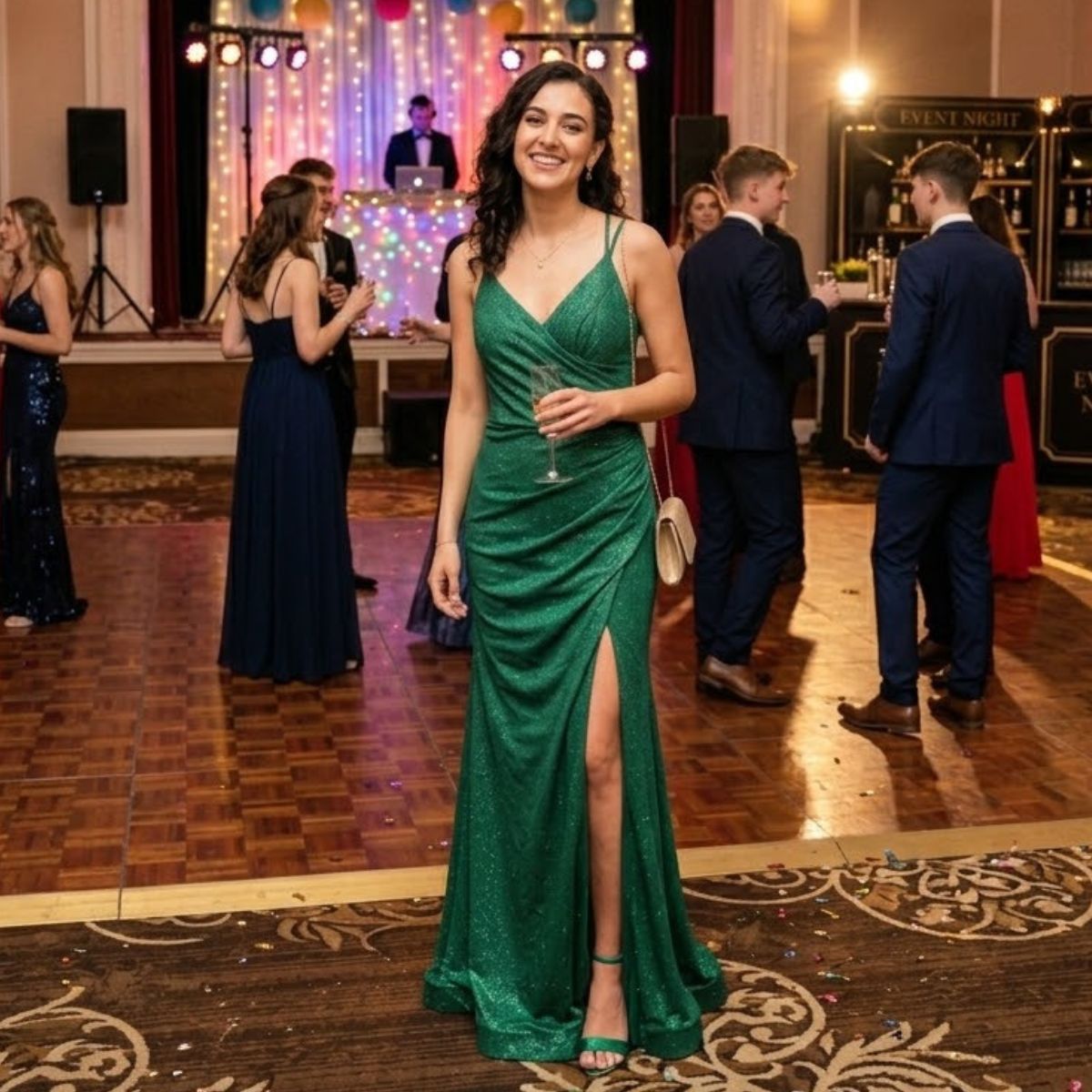 Robe de soirée longue et scintillante avec col en V drapé cache-cœur, coupe ajustée et fente haute sur la jambe.