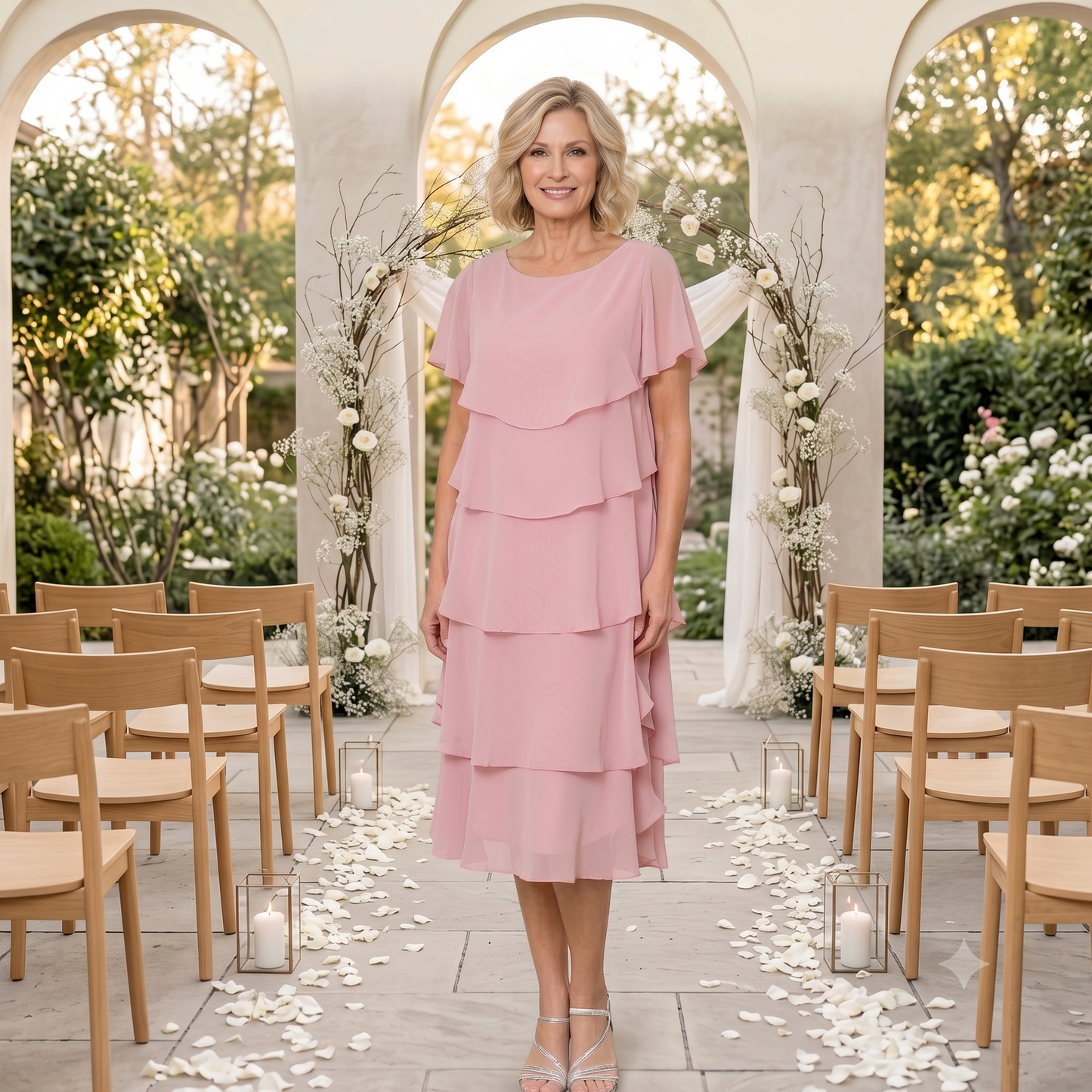 Robe de cocktail mi-longue à volants superposés en mousseline, vue de face sur un mannequin blond. La robe présente un col rond, de petites manches fluides et des ornements discrets aux épaules.