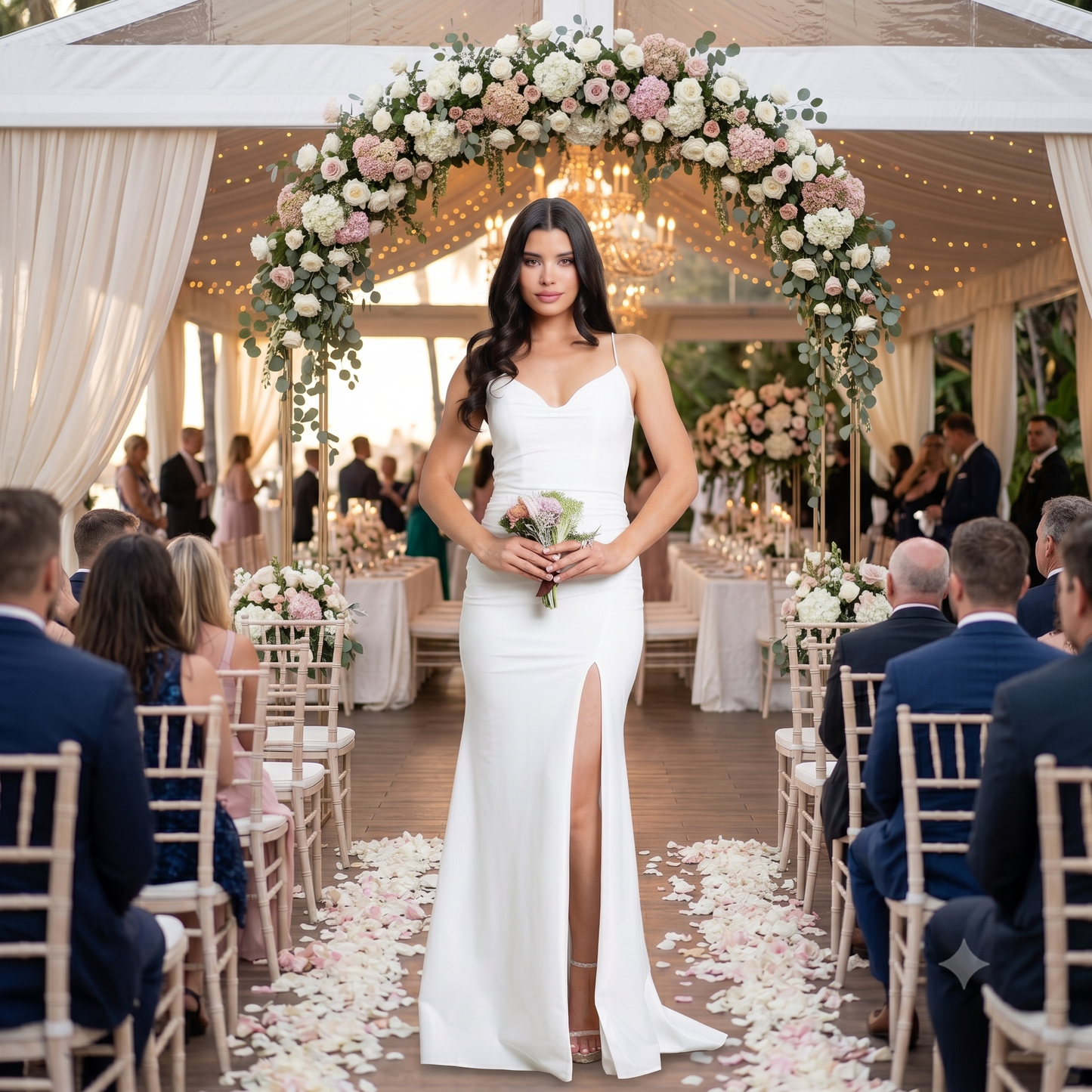 Robe de mariée coupe sirène ajustée avec col bénitier, fines bretelles et fente haute sur la jambe, tenant un bouquet de fleurs.