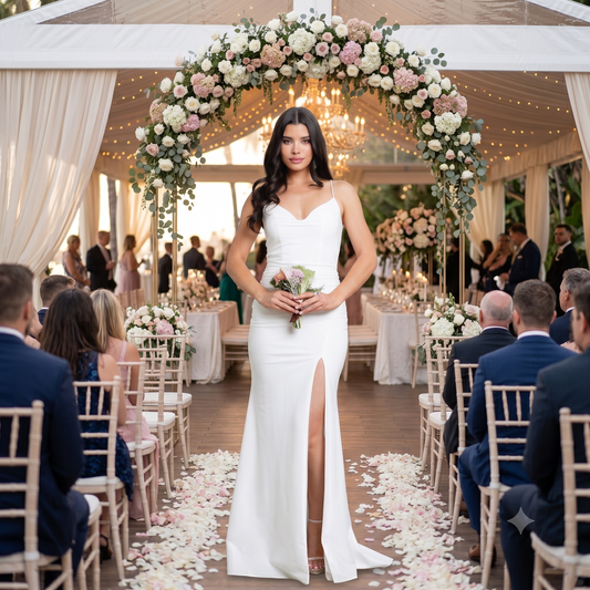 Robe de mariée coupe sirène ajustée avec col bénitier, fines bretelles et fente haute sur la jambe, tenant un bouquet de fleurs.