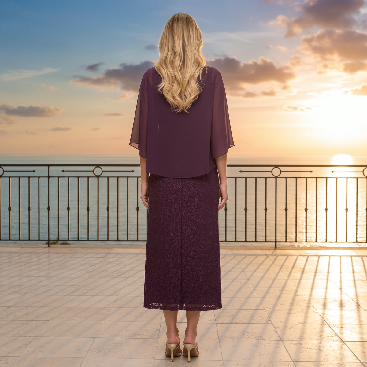 Vue arrière de la robe de soirée mi-longue en dentelle et veste cape en mousseline