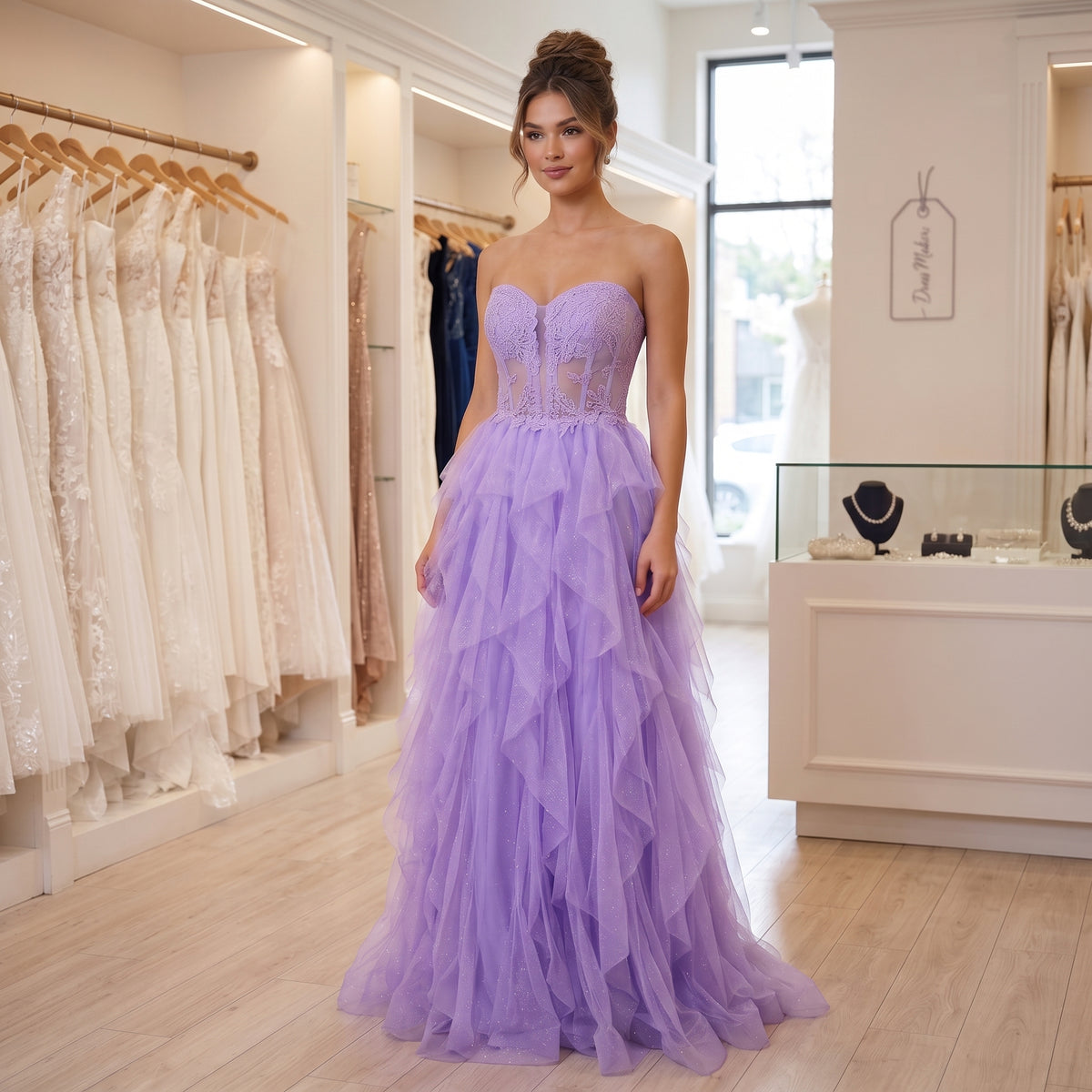 Robe de bal longue sans bretelles avec bustier corset en dentelle et jupe vaporeuse en tulle scintillant à volants,