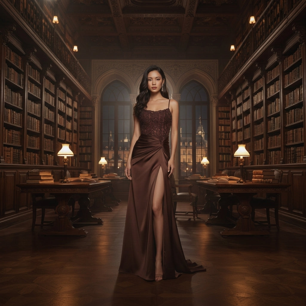 Robe longue de soirée avec bustier corset brodé, fines bretelles et jupe satinée drapée avec fente haute