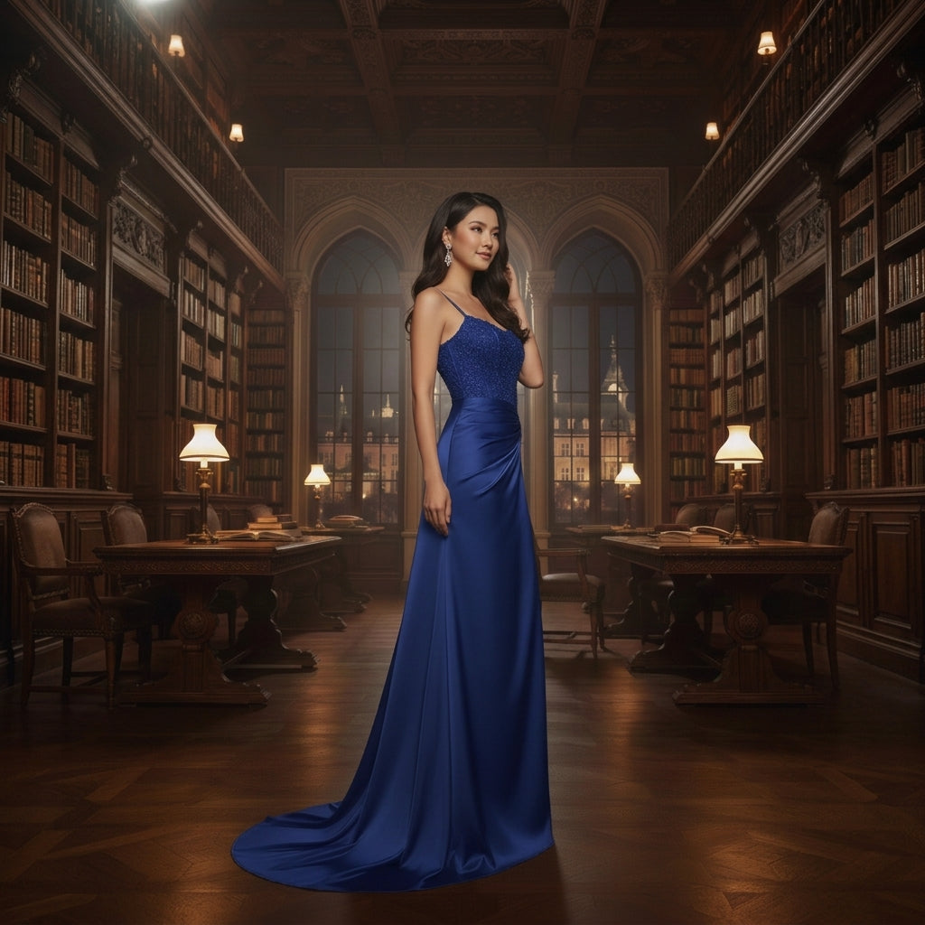 Robe longue de soirée avec bustier corset brodé, fines bretelles et jupe satinée drapée avec fente haute