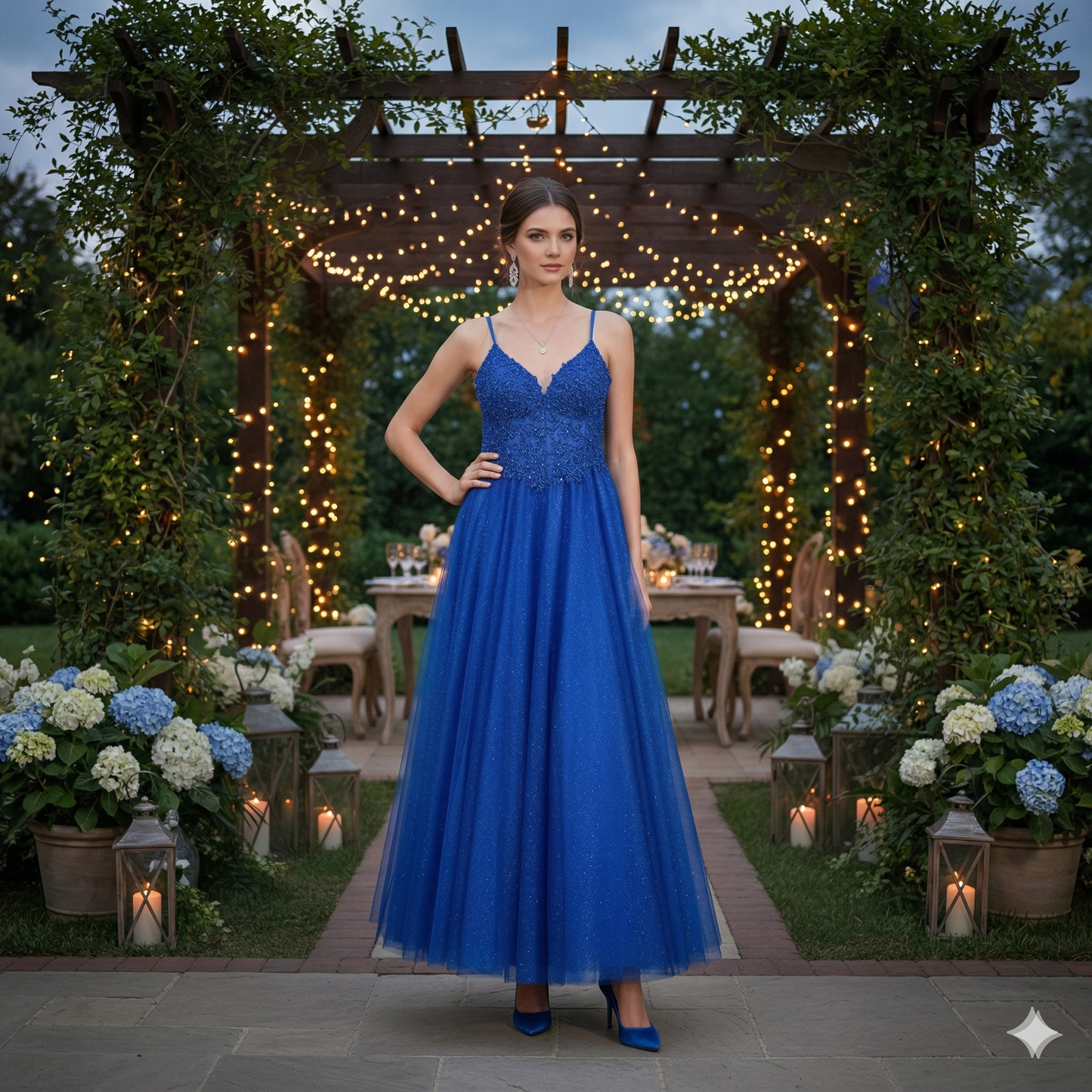 Jeune femme portant la robe de bal bleu ciel style 9829 Aerie Couture, bustier en dentelle et jupe en tulle, posant sur une terrasse de château au coucher du soleil.