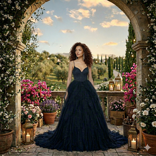 Robe de bal longue bleu minuit style 388 Aerie Couture, bustier en strass et jupe volumineuse à volants, portée par un mannequin aux cheveux bouclés sous une arche fleurie au coucher du soleil.