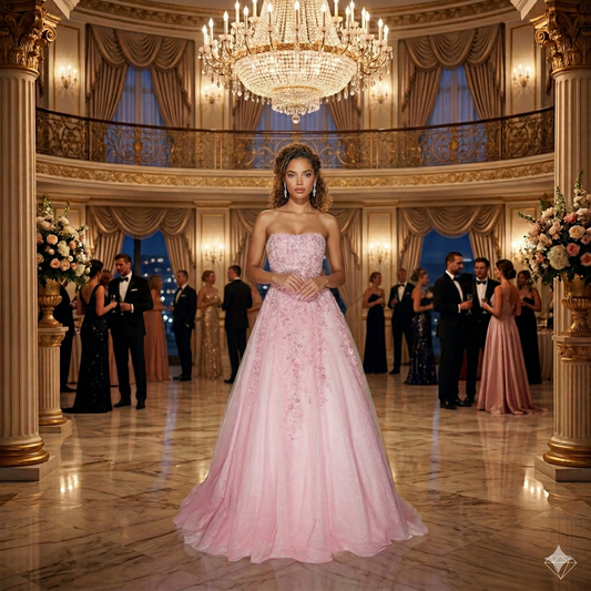 Robe de bal longue rose poudré style 393 Aerie Couture, bustier brodé de fleurs et jupe volumineuse en tulle, portée par un mannequin dans une salle de gala luxueuse avec lustres.