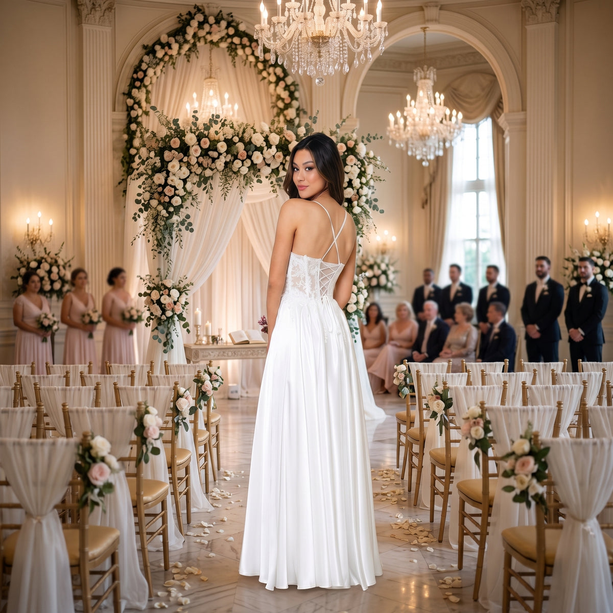 Robe de mariée modèle 5289 vue de dos montrant le laçage croisé et le décolleté dos nu