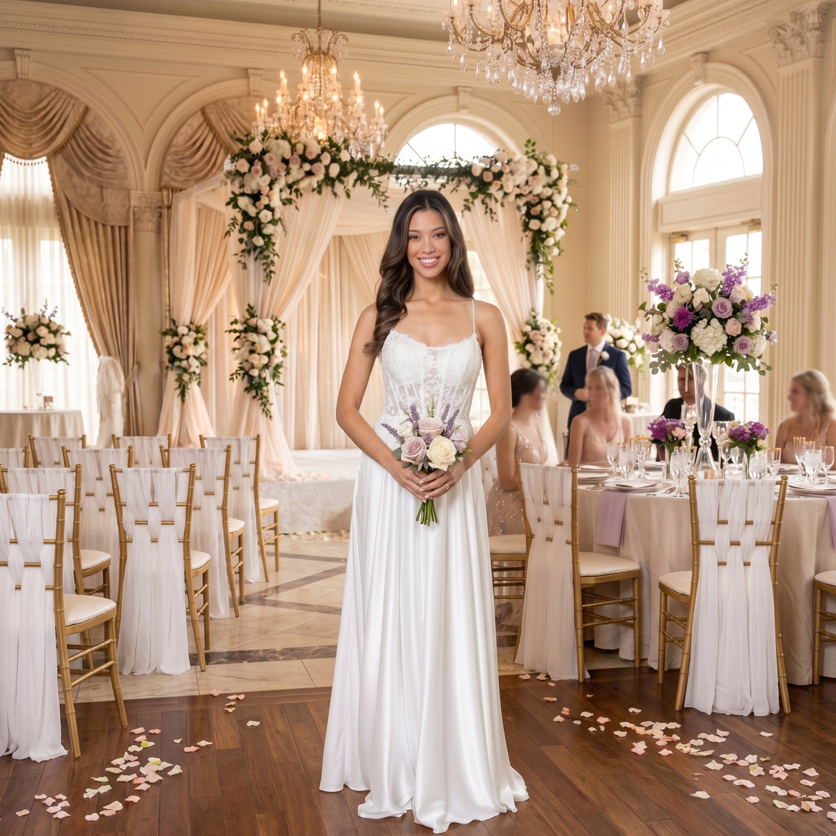 Robe de mariée fluide modèle 5289 avec bustier en dentelle florale et fines bretelles