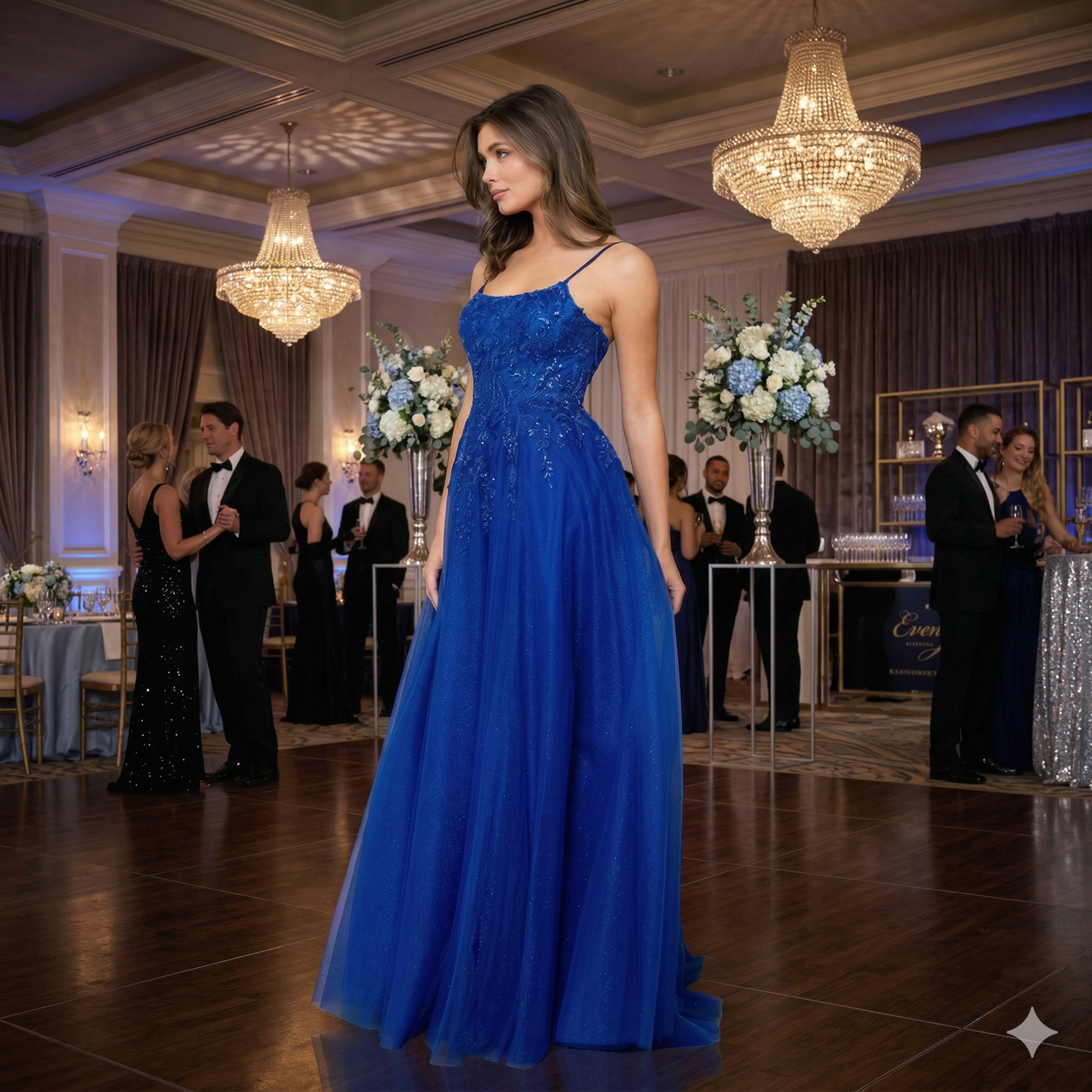 Vue de dos d'une robe de bal bleu royal avec bretelles croisées et jupe longue scintillante dans une soirée de gala.