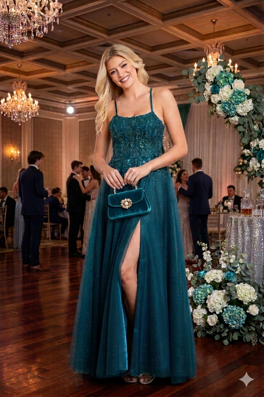Femme souriante portant une robe de bal vert teal à corset brodé et jupe en tulle fendu dans un décor de salle de bal chic.