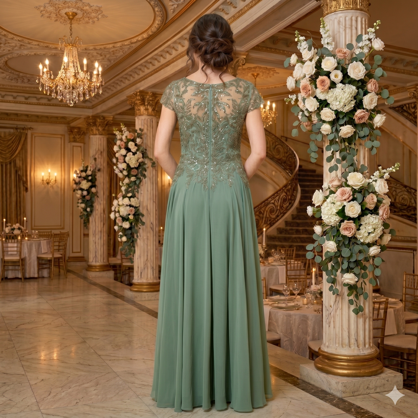 Dos de la robe de soirée longue, mettant en valeur la continuité des broderies fines sur le tulle transparent et la fermeture éclair invisible, vue de dos du modèle.