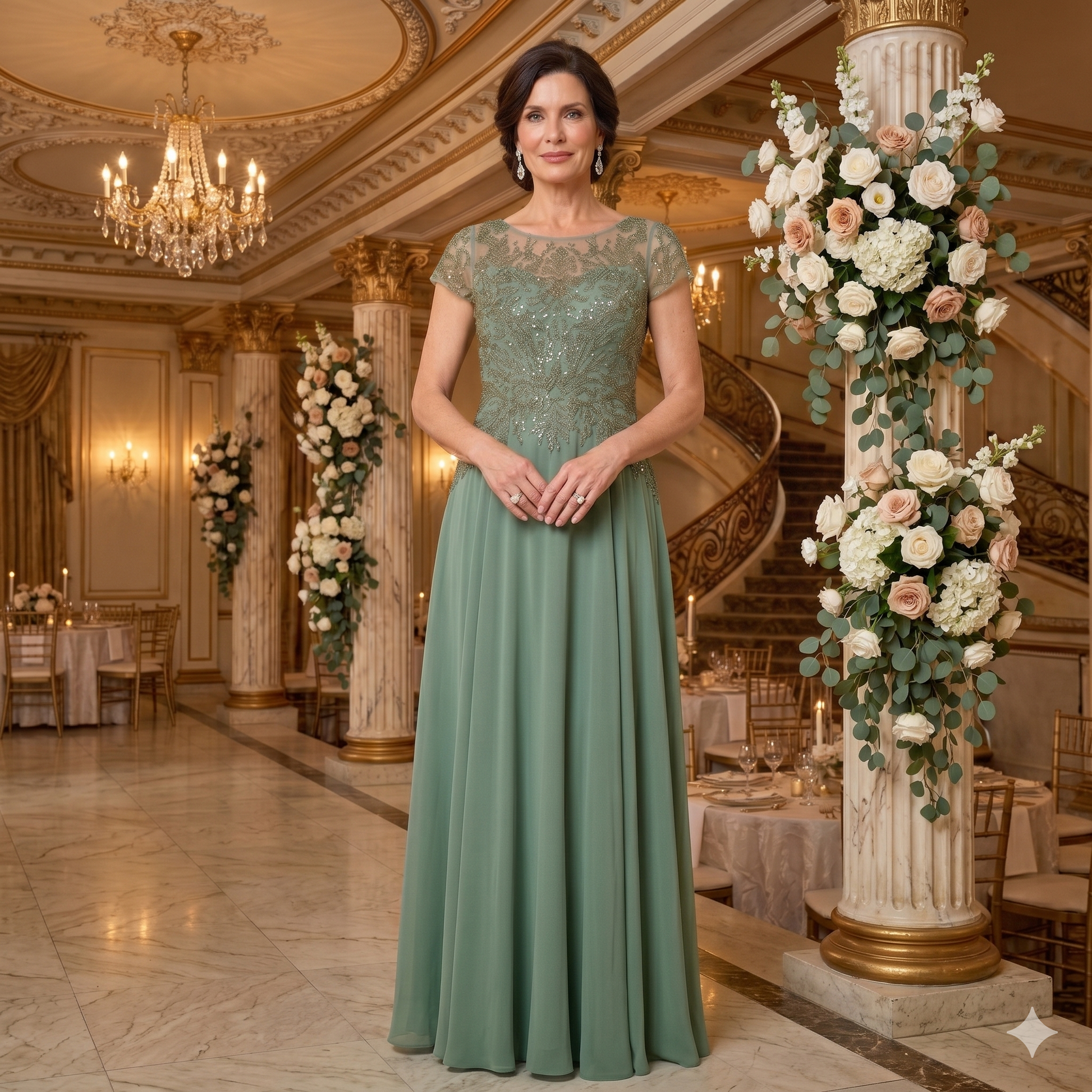 Robe de soirée longue fluide avec bustier brodé de sequins et de perles, encolure illusion et petites manches capes, vue de face sur le modèle 5316 eucalyptus