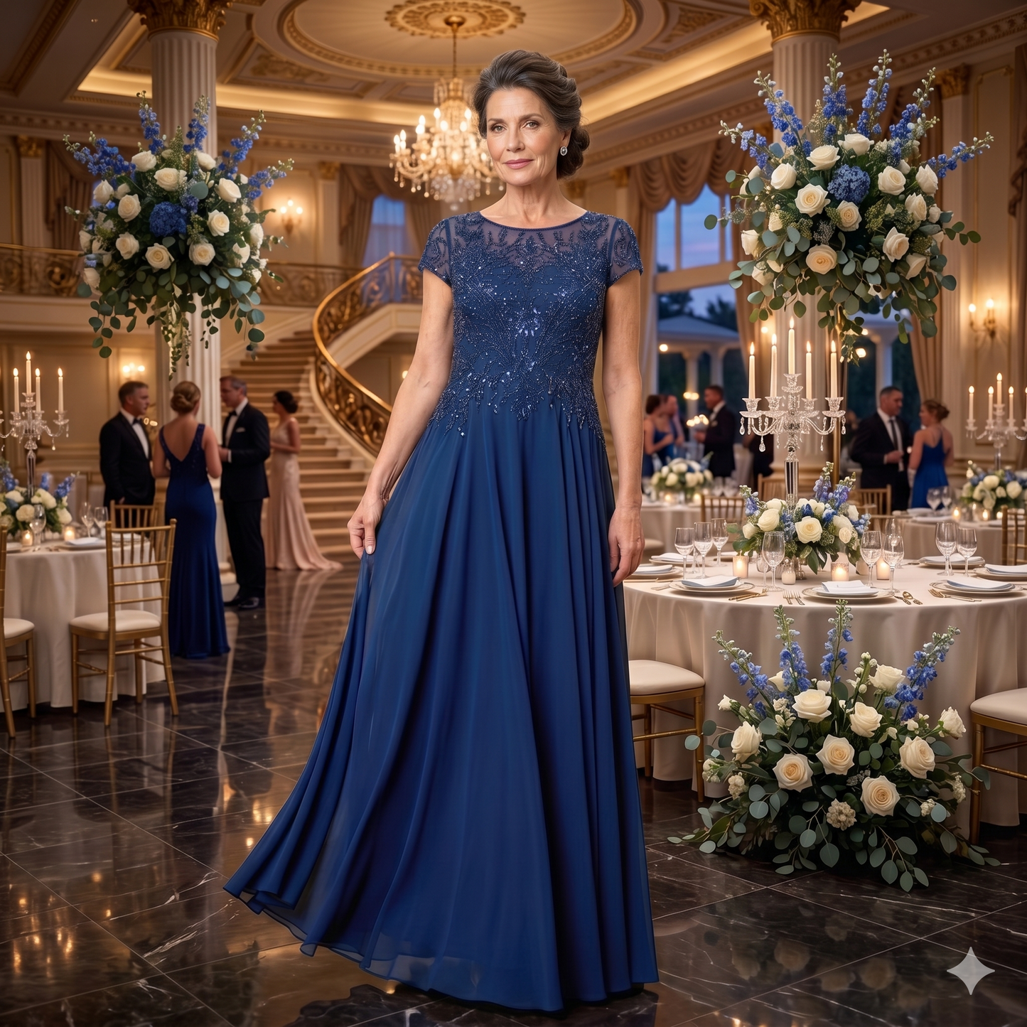 Robe de soirée longue fluide avec bustier brodé de sequins et de perles, encolure illusion et petites manches capes, vue de face sur le modèle du 5316 marine