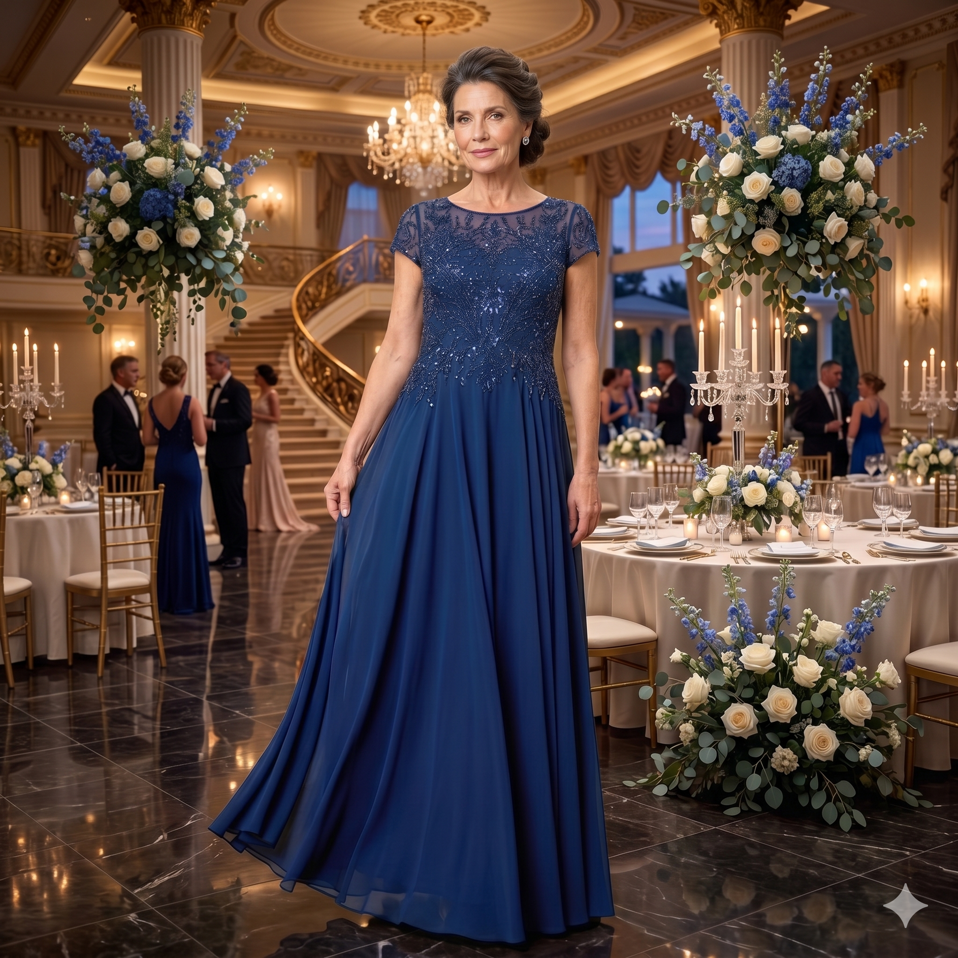 Robe de soirée longue fluide avec bustier brodé de sequins et de perles, encolure illusion et petites manches capes, vue de face sur le modèle du 5316 marine