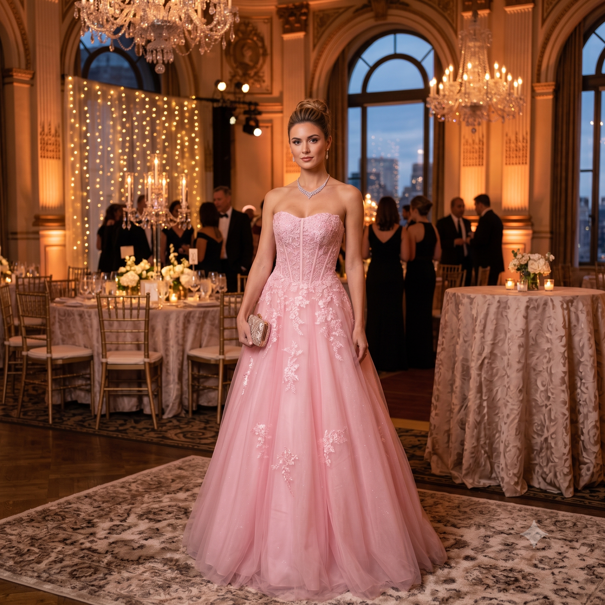 Robe de soirée longue bustier à corset brodé de dentelle et jupe évasée en tulle