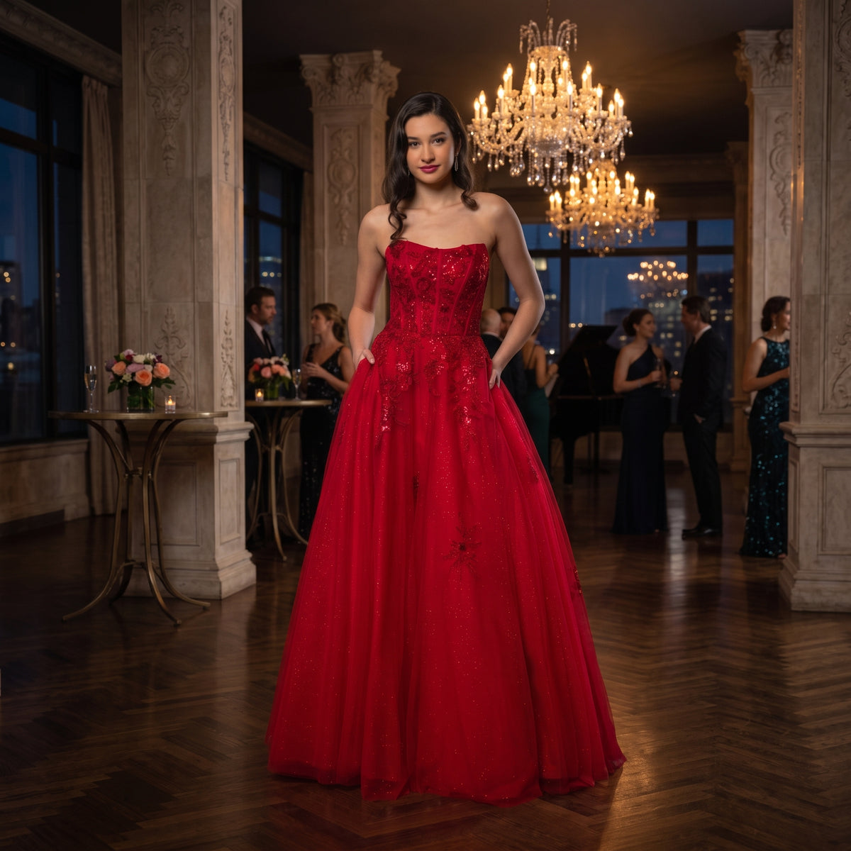 Robe de soirée longue bustier à corset brodé de dentelle et jupe évasée en tulle