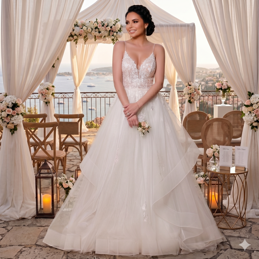 Robe de mariée princesse blanche Arielle J. style 6115 avec corsage en dentelle florale, dos nu et jupe en tulle sur une terrasse de mariage luxueuse.