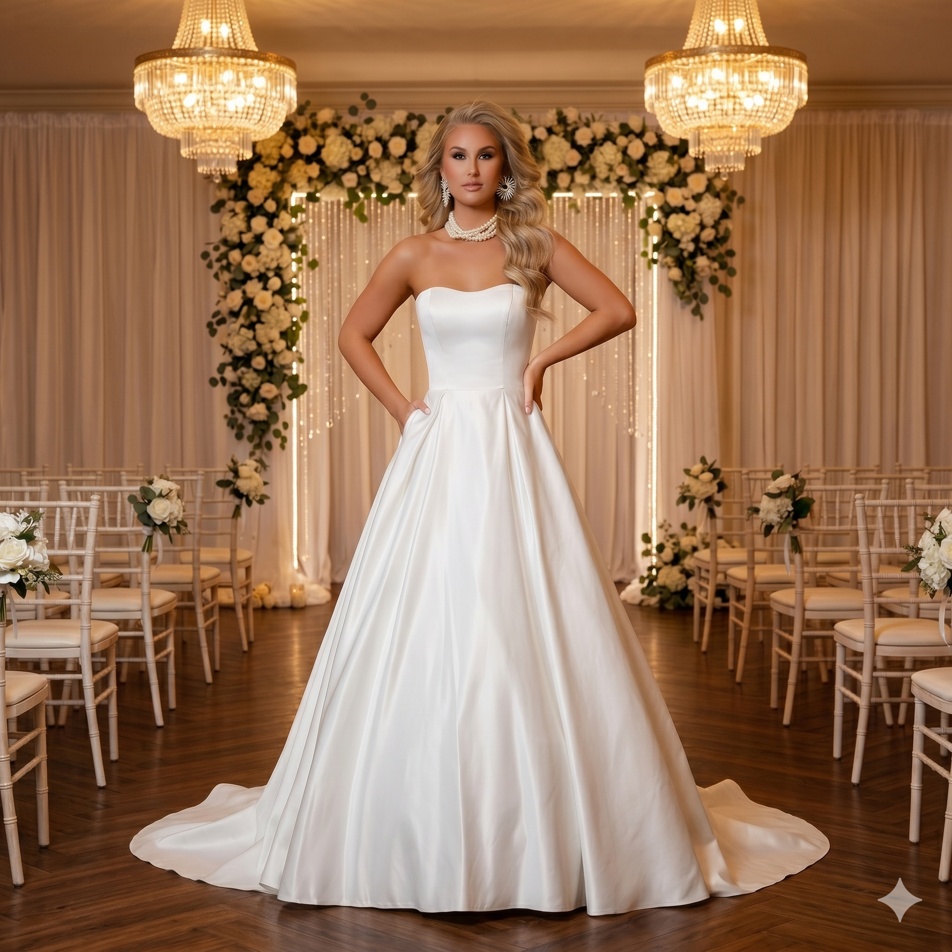 Robe de mariée princesse en satin blanc Arielle J. 6133, bustier cœur et jupe volumineuse avec poches, dans une salle de cérémonie de mariage.