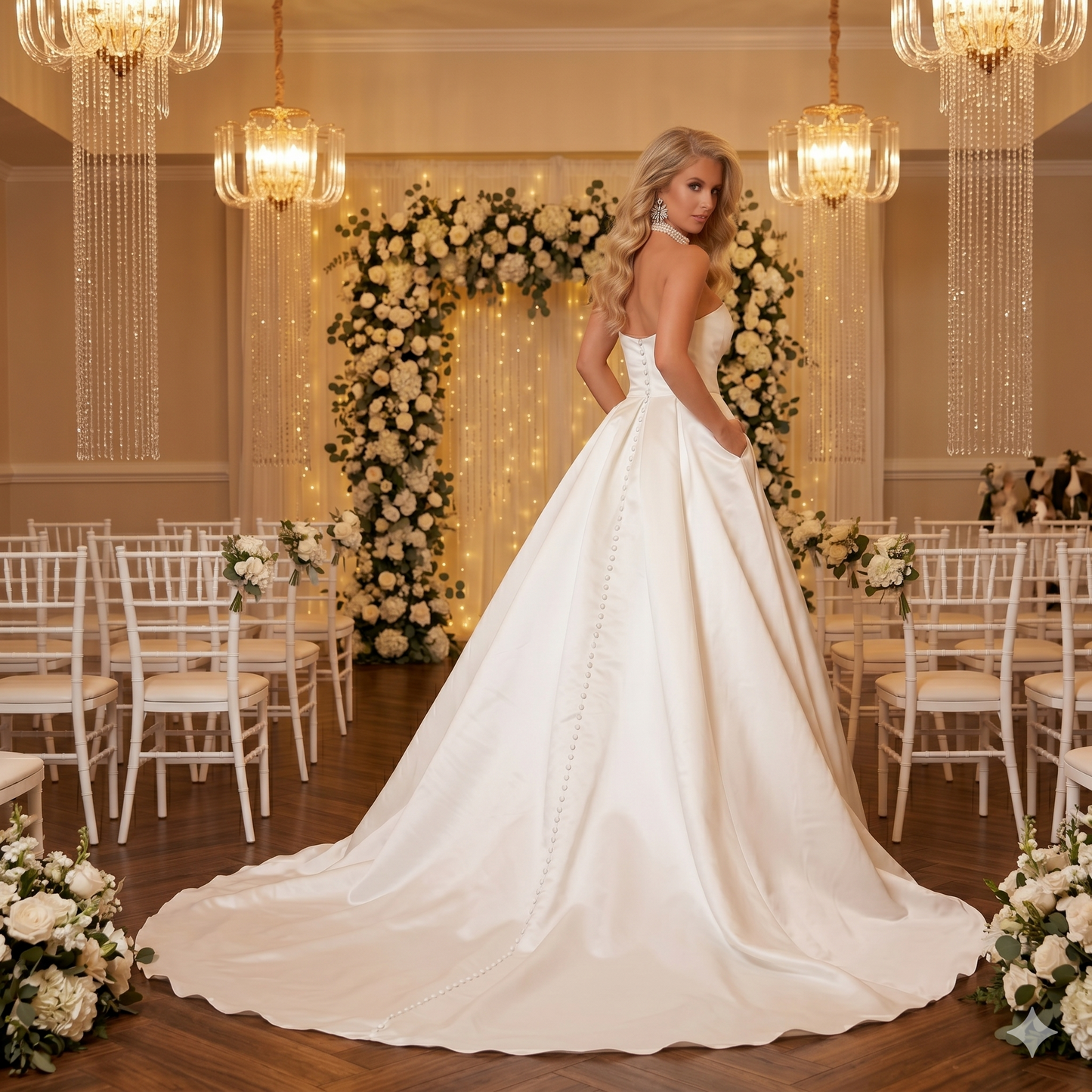 Vue arrière de la robe de mariée Arielle J. 6133 en satin montrant la traîne majestueuse et la rangée de boutons fins sur toute la longueur.