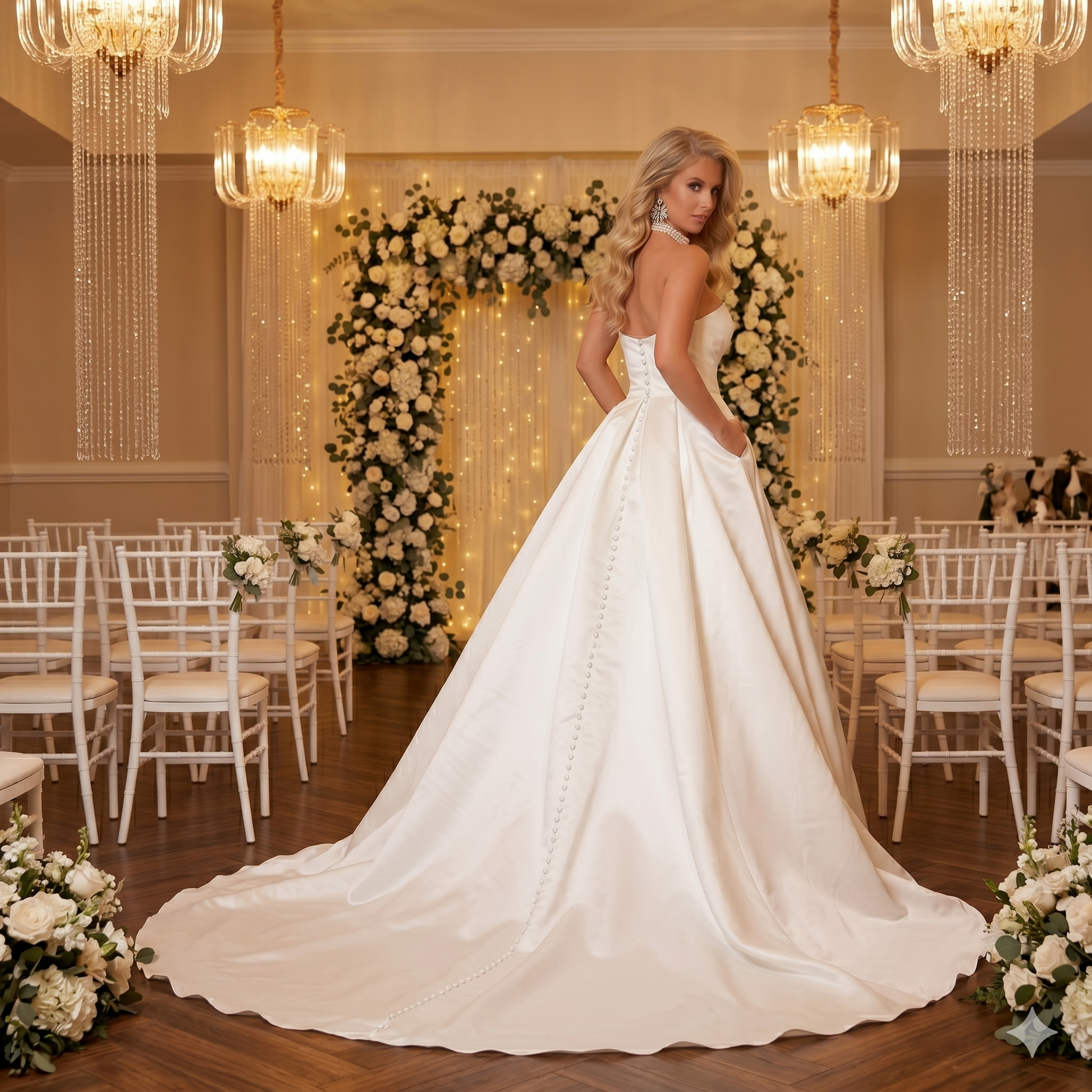 Vue arrière de la robe de mariée Arielle J. 6133 en satin montrant la traîne majestueuse et la rangée de boutons fins sur toute la longueur.