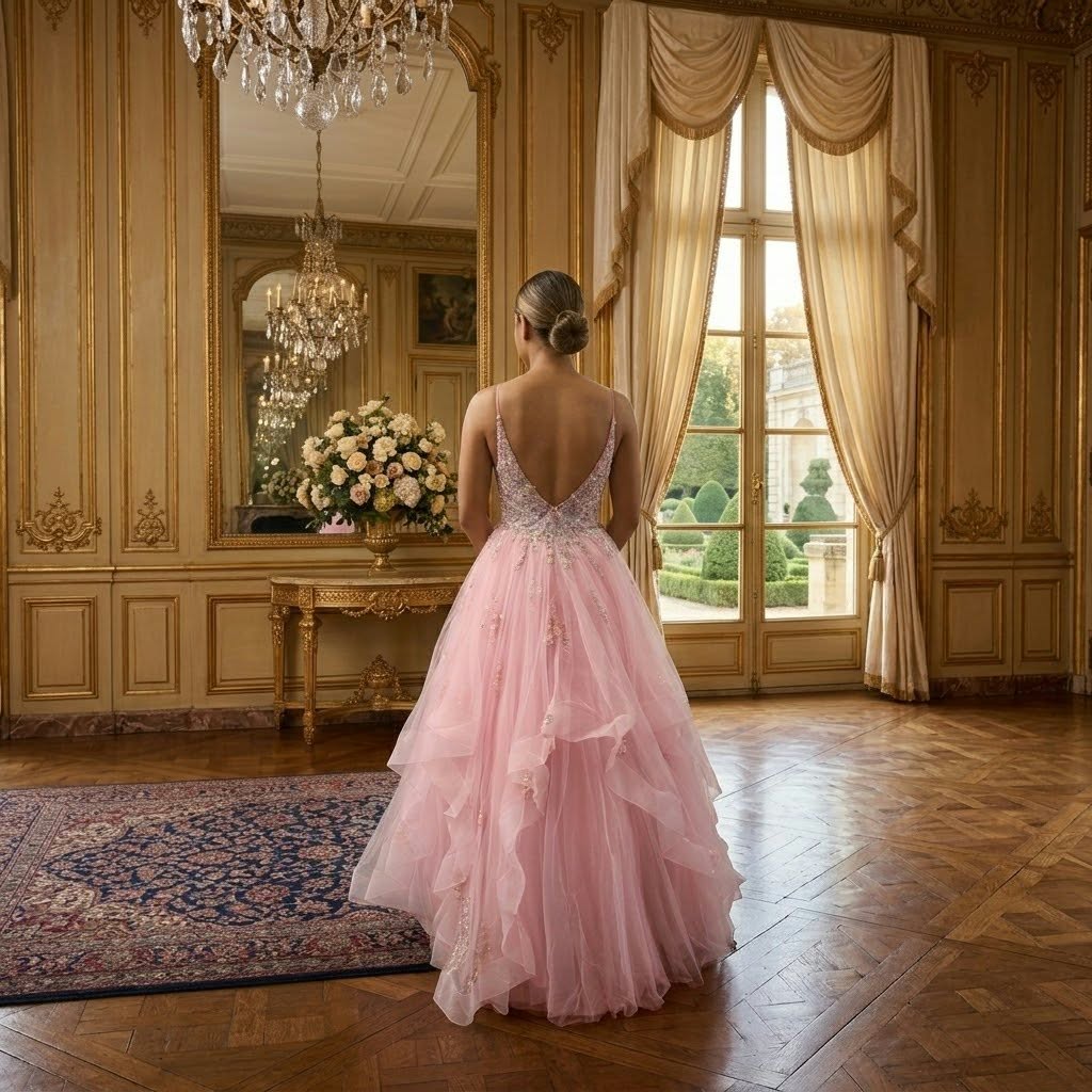 Robe de bal longue vue de dos, dos nu plongeant en V et traîne vaporeuse en tulle brodé