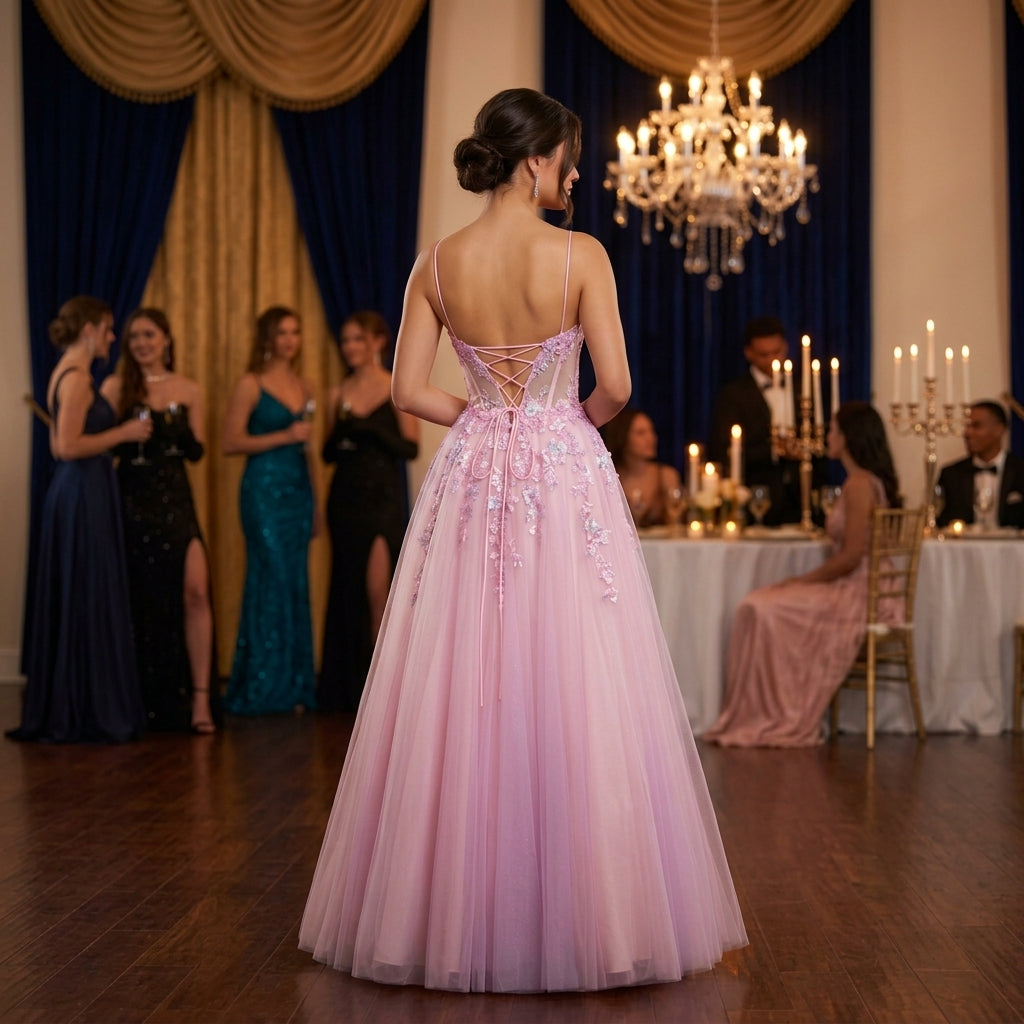 dos nu lace ajustable de robe de bal longue en tulle paillete avec details de broderies florales