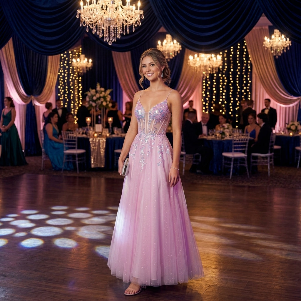 robe de soirée longue en tulle scintillant avec bustier corset brode de sequins et fines bretelles