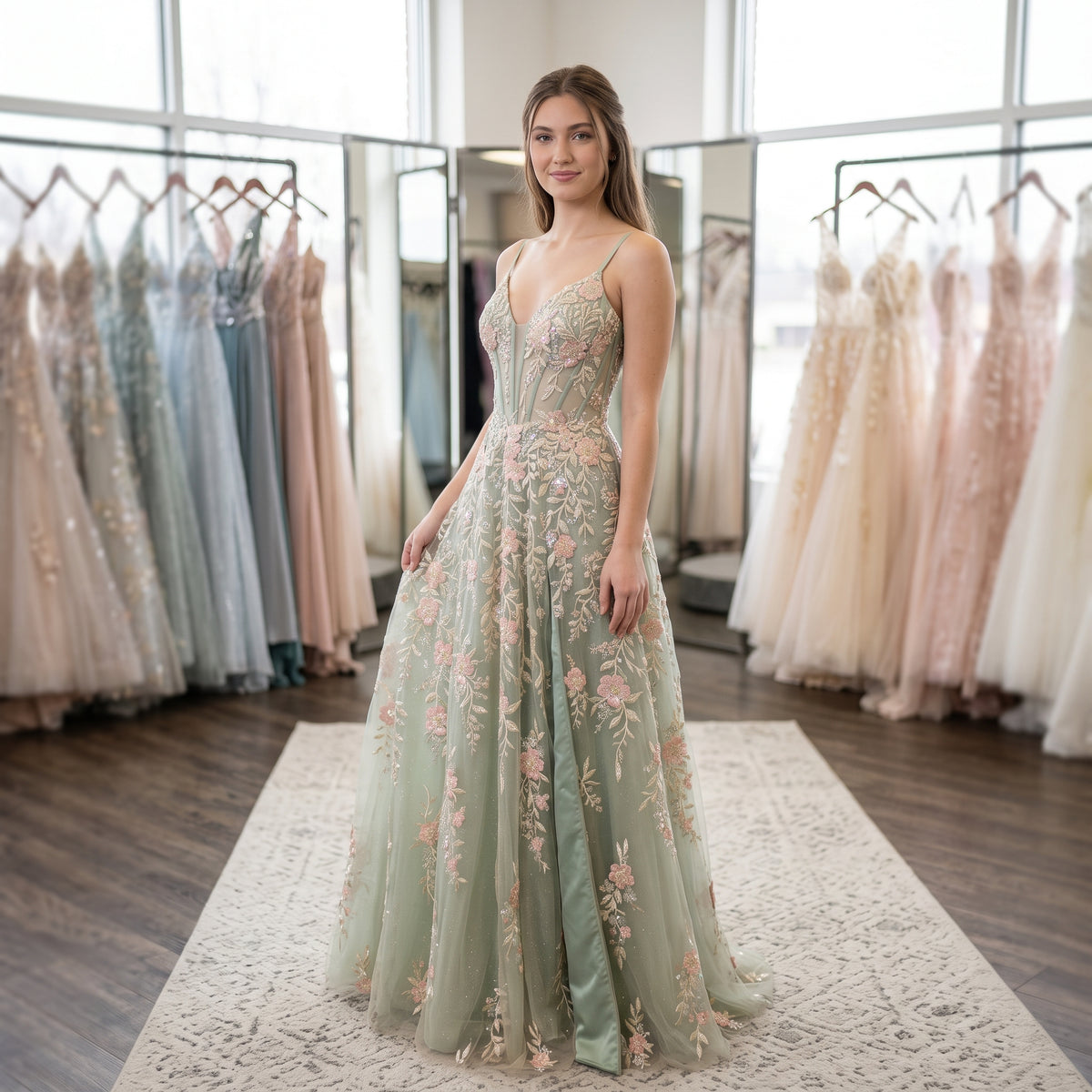 Robe de bal longue pour femme, buste corset illusion à fines bretelles avec broderies florales et fente sur la jupe en tulle
