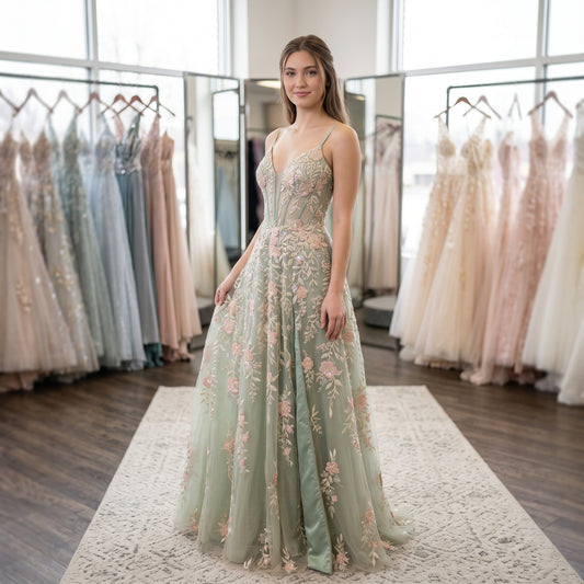 Robe de bal longue pour femme, buste corset illusion à fines bretelles avec broderies florales et fente sur la jupe en tulle