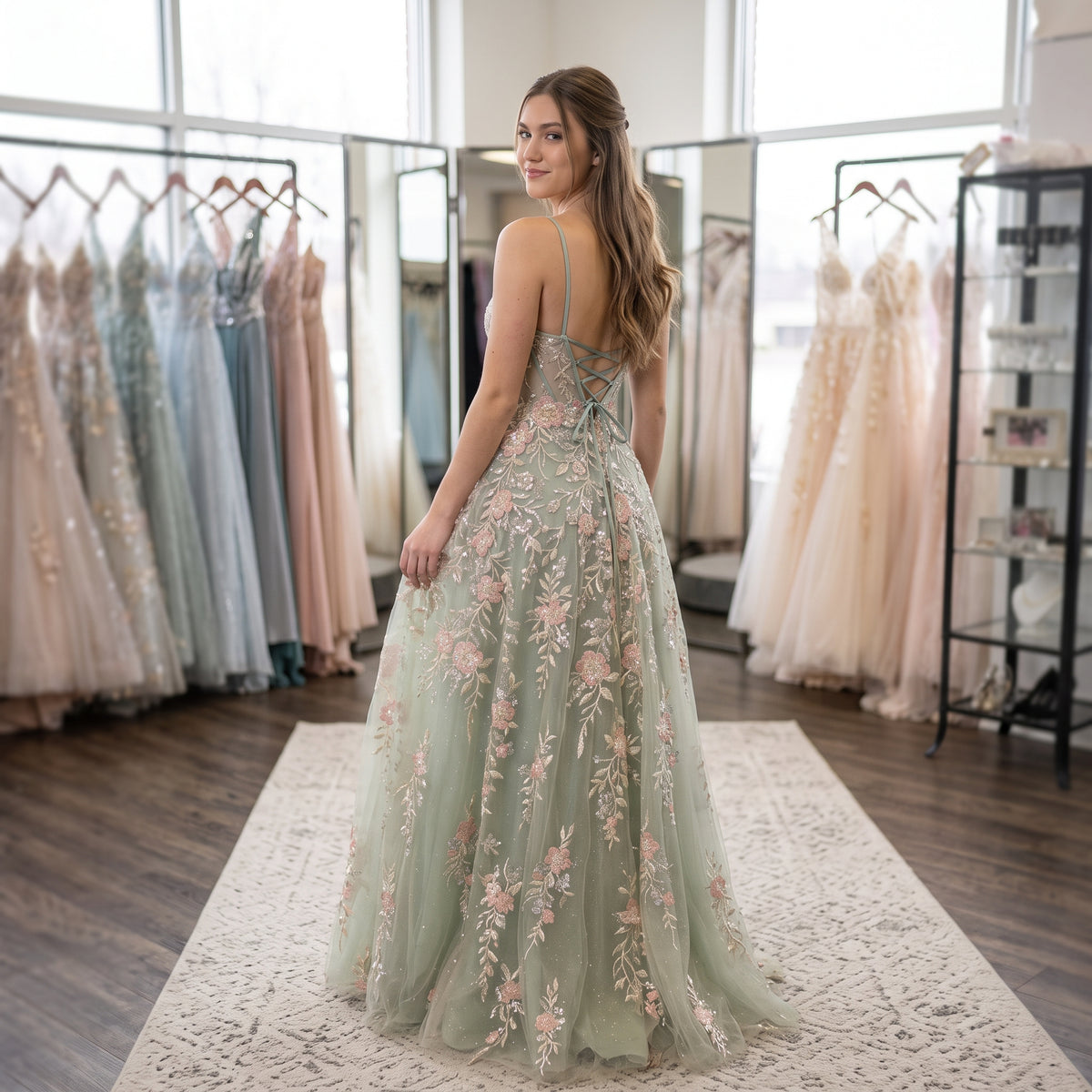 Robe de soirée longue vue de dos, dos ouvert avec laçage corset ajustable et traîne fluide ornée de motifs floraux brodés
