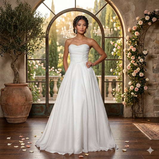 Robe de mariée longue évasée blanche sans bretelles, bustier plissé et jupe fluide. Femme posant dans un décor romantique avec une arche fleurie. Modèle personnalisable.