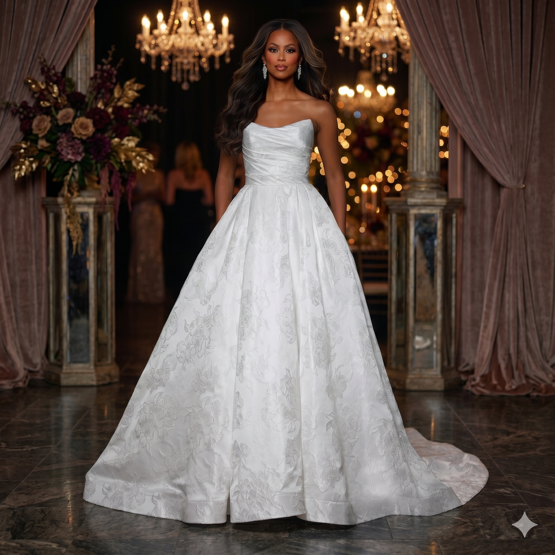 Robe de mariée de bal Arielle J. 6228 en jacquard floral blanc ivoire, bustier drapé sans bretelles, décor de soirée luxueux avec lustres.