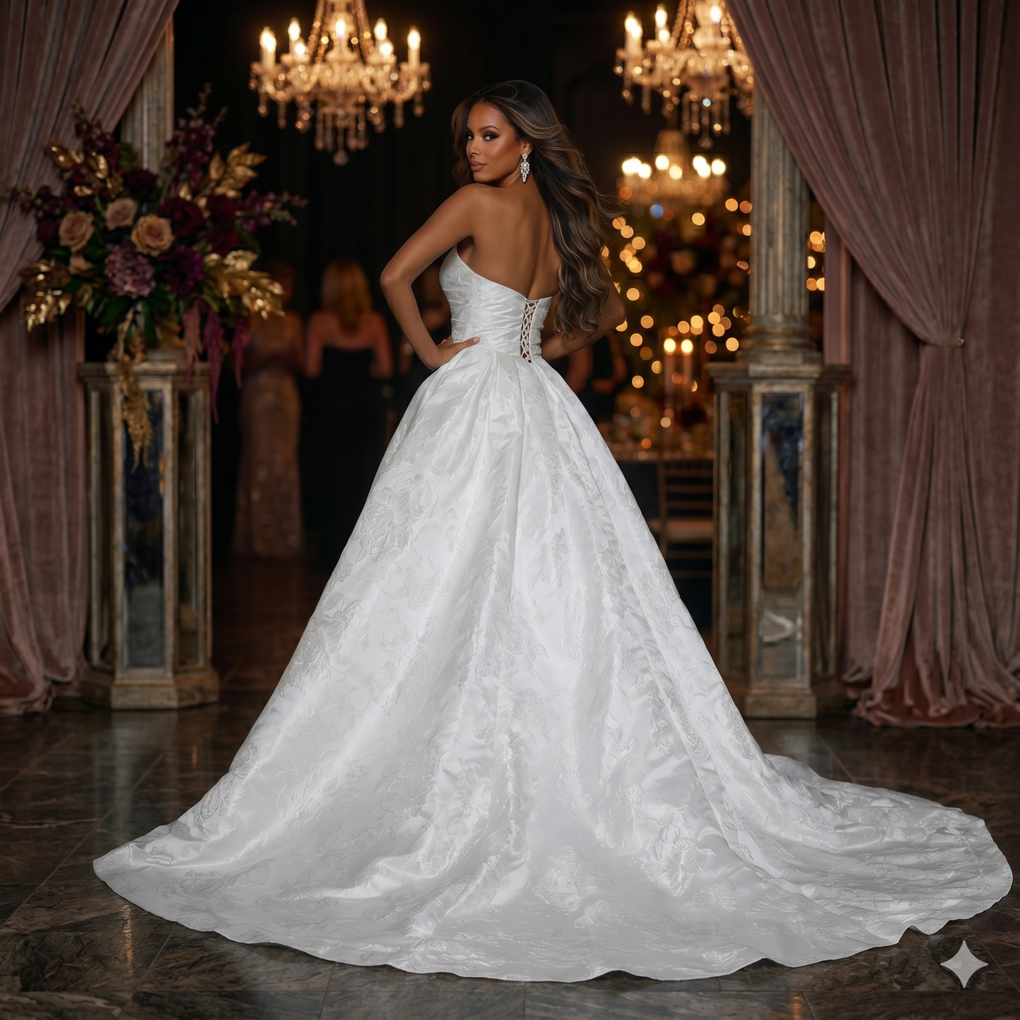 Dos de la robe de mariée Arielle J. 6228 montrant le laçage corset et la longue traîne en jacquard floral dans une salle de réception élégante.