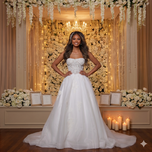 Robe de mariée princesse Arielle J. 6230, bustier corset transparent avec broderies florales et jupe en tulle blanc dans un décor de mariage floral luxueux.