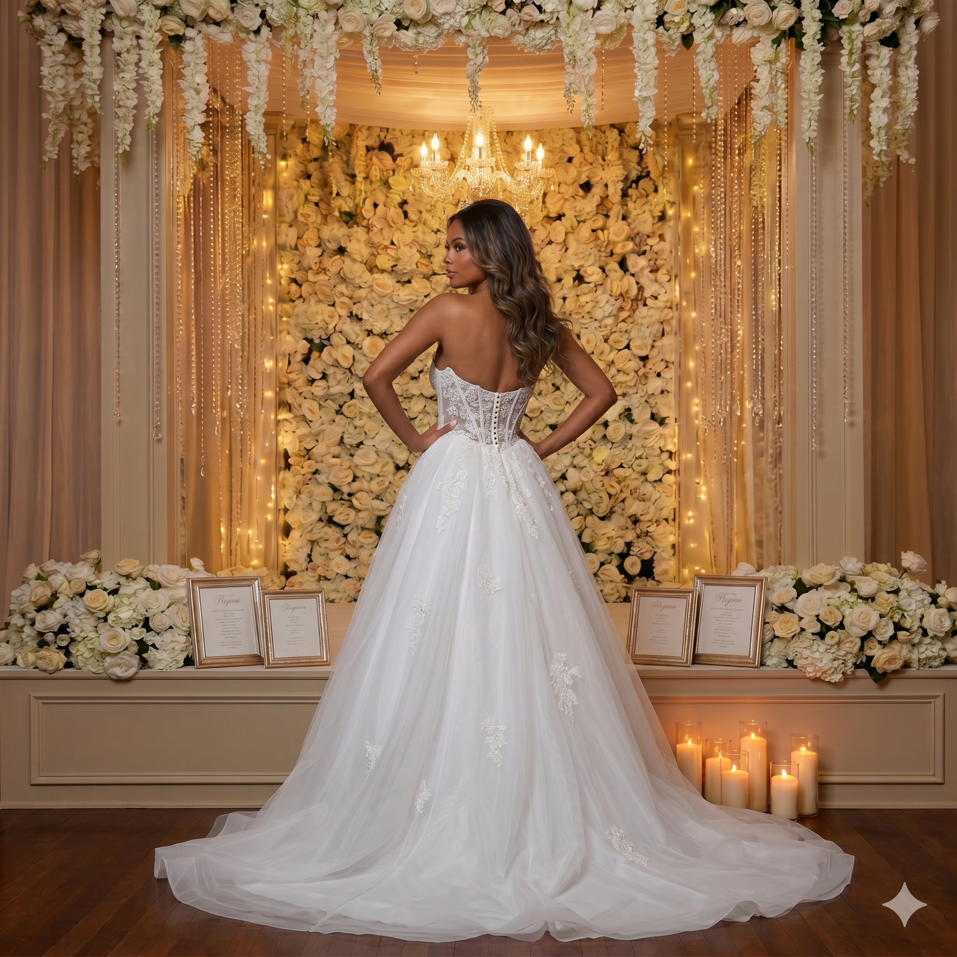 Vue arrière de la robe de mariée Arielle J. 6230 montrant le dos transparent avec boutons et la traîne vaporeuse devant un mur de fleurs et de bougies.